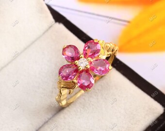 Pink Tourmaline Flower Ring, Natural Gemstone Cluster Ring, 14k Gold Daisy Ring, October Birthstone Jewelry, Anniversary Gift for Her