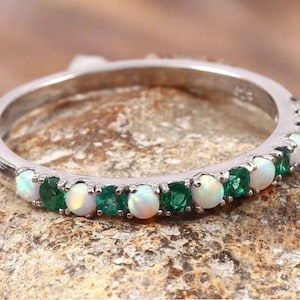 Emerald opal wedding band half eternity art deco emerald opal ring Silver gemstone promise bridal matching band May birthstone custom Gifts.