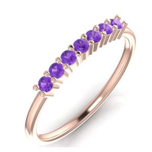 Natural Amethyst Half Eternity Band Rose Gold Delicate Jewelry Ring Round Amethyst Wedding Band Purple Gemstone Gift Feb Birthstone Stacking