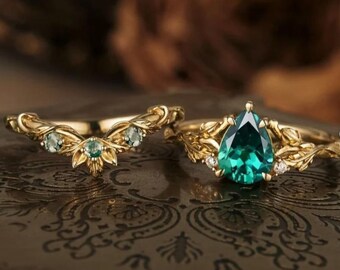 Smaragdgroene edelsteen 14k gouden peergeslepen art deco bruidsbeloftering set voor vrouwen halve eeuwigheid band groene edelsteenring kerstcadeau-idee.