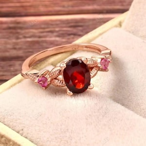 Art Deco Natural Garnet Engagement Ring 14k Rose Gold Plated Gemstone Ring Vintage January Birthstone Dainty Sapphire Ring Promise Ring Gift