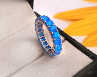 Opal Eternity Band Ring, 925 Silver Opal Inlay Wedding Ring, Rainbow Fire Opal Band, Statement Anniversary Ring, Gift for Her