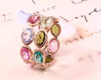 Multi Tourmaline Eternity Band Ring Rose Gold Sterling Silver Multi Tourmaline Ring Colorful Gemstone Double Band Wedding Stacking Band Gift