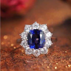 Genuine Lab Grown Sapphire Classic Halo Ring, 3 Carats 8*10 Oval Sapphire,Princess Diana Engagement Ring,September Birthstone Statement Ring