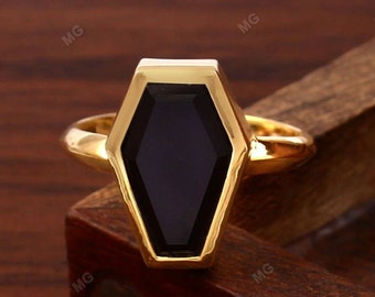 Black Onyx Coffin Ring, 14k Gold Plated Sterling Silver Gothic Engagement Jewelry, Custom Fit Bridal Ring, Unique Gift for Her