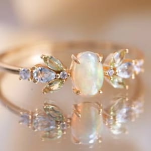 Opal Peridot & Aquamarine Ring 14k Solid 925 Silver Oval Opal Minimalist Anniversary Ring Promise October Wedding Birthstone Ring For Gifts.