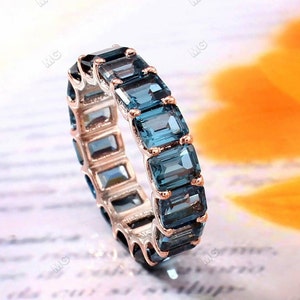 London Blue Topaz emerald cut eternity band ring Engagement Natural blue topaz ring Emerald cut eternity ring 925 Silver Blue wedding band.