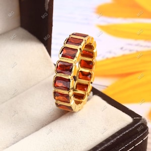 Emerald Cut Garnet Eternity Band Ring: 925 Sterling Silver January Birthstone