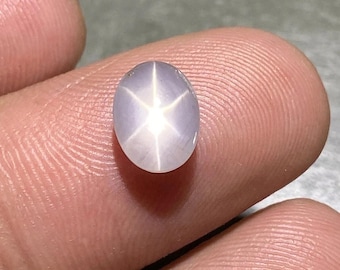 May include: A light purple, oval-shaped gemstone with a six-pointed star pattern. The star is white and radiates from the center of the stone. The gem is held between two fingers, showcasing its polished surface and unique optical effect.