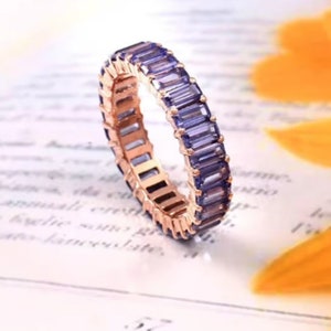 Tanzanite Classic Full Eternity Band 925 Silver Baguette Cut Tanzanite Chanel Setting Band, Women Dainty Blue Stone Wedding Gift Band Women.