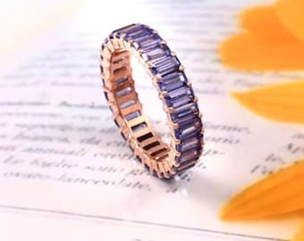 Tanzanite Classic Full Eternity Band 925 Silver Baguette Cut Tanzanite Chanel Setting Band, Women Dainty Blue Stone Wedding Gift Band Women.