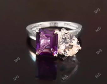 Toi et Moi Ring, Promise Ring, Amethyst Moissanite Ring, Two Stone Ring, Wedding Ring, Anniversary Gift, Gift for Her Amethyst Ring Gold.