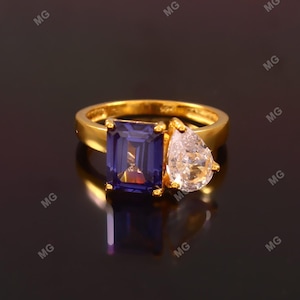 Toi Et Moi Pear Lab Grown Diamond Radiant Cut Blue Sapphire Engagement Ring White Gold You And Me Two Stone Wedding Ring Promise Ring Gifts.