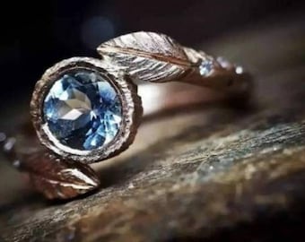 Unieke ronde natuurlijke aquamarijn verlovingsring 925 sterlingzilver sierlijke roségouden engelvleugelveer bruiloft bruidsring jubileumcadeau