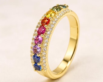 Rainbow Sapphire Band Ring, 14k Gold Plated, Half Eternity Wedding Band, Multicolor Gemstone Ring, Anniversary Gift for Her Sept Birthstone