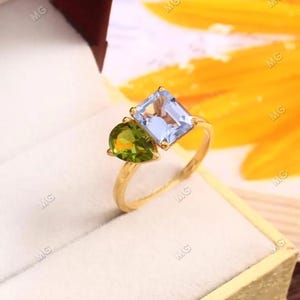 Toi et Moi Ring Peridot Aquamarine Promise Ring Engagement Ring, Two Stone Ring, 925 Silver Wedding Ring, Anniversary Gift, Gift for Her.