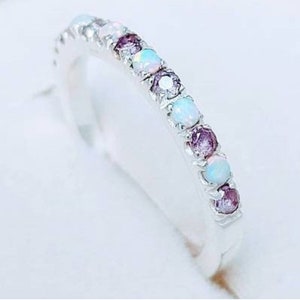 Opal Alexandrite Wedding Band Sterling Silver Ring Fire Opal Stacking Ring Women Promise Stacking Anniversary Gift Dainty Alexandrite Ring.