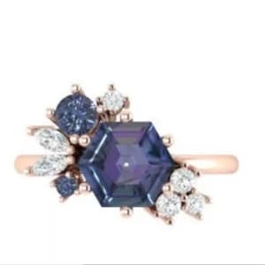 Hexagon Cut Lab Alexandrite Band Ring 925 Rose Gold Ring Marquise Unique Moissanite Ring Brides Anniversary Gift Fresher Party Gift ForWomen