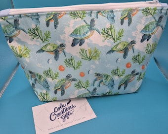 Sea Turtle boxed base Medium Zip up bag, Makeup bag, Cosmetic bag, Travel Bag, Toiletry Bag, Zip Up Bag, Turtle Lover Gift, Gift for Her
