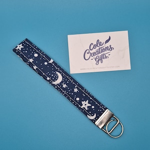 Moon and Stars Fabric Wristlet Keychain, Key Fob, Key Holder, Keyring Accessory, Gift for Her, Keyring Holder, Keyring
