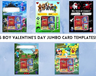 May include: Five Valentine's Day jumbo card templates for boys. Each card features a different video game theme, including Fortnite, Roblox, Among Us, Minecraft, and Pokemon. Each card includes a space to write "To:" and "From:" and a snack pack.