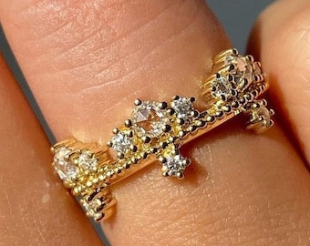 Dainty Crown Ring 14K Gold Open Band Crystal Statement Ring Minimalist Stackable Ring Women Gift Princess Jewelry Adjustable