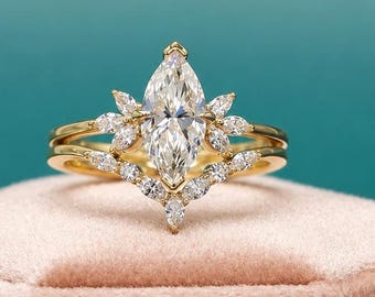 Conjunto de anillo de compromiso de moissanita talla marquesa, anillo de boda único con forma de hoja en oro amarillo, anillo apilable vintage para novias, regalo para ella.