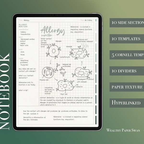 Cuaderno digital Cornell, Cuaderno digital con textura de papel, Cuaderno de cuadrícula hexagonal, Plantilla de notabilidad, Cuaderno para iPad, Plantilla Goodnotes,