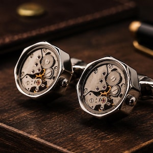 Moving Mechanical Cufflinks – Steampunk Watch Gears, Copper, Stainless Steel (Silver/Shadow Silver)