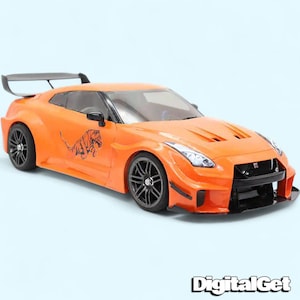 May include: Orange sports car with black wheels and a rear spoiler. A tiger graphic is on the side. The car has a black front grill and headlights. The text "DigitalGet" is at the bottom.