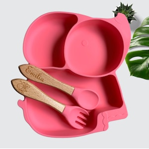 Baby Teller Silikon personalisiert, Babygeschenk, Kindergeschirr, Geschirrset mit Saugnapf-Teller in Elefant Form,Geschenk 1. Geburtstag