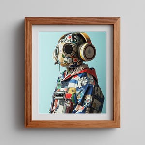 Könnte beinhalten: Gerahmter Kunstdruck mit einer Figur mit Gasmaske und Kopfhörern. Die Figur trägt eine Jacke mit Aufnähern und Bildern. Gasmaske und Kopfhörer haben ein collageartiges Design. Der Hintergrund ist hellblau.