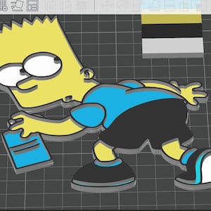 May include: A yellow cartoon character with spiky yellow hair, wearing a blue shirt and black shorts, is holding a blue spray can. The character is in a 3D style and appears to be running.