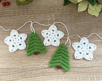 Crochet Pattern Christmas Tree and Snowflakes Garland, Easy Crochet Christmas Tree Pattern Crochet Snowflake Ornaments - PDF crochet pattern