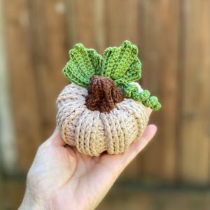 May include: A crocheted pumpkin with a brown stem and green leaves. The pumpkin is beige and has a ribbed texture.