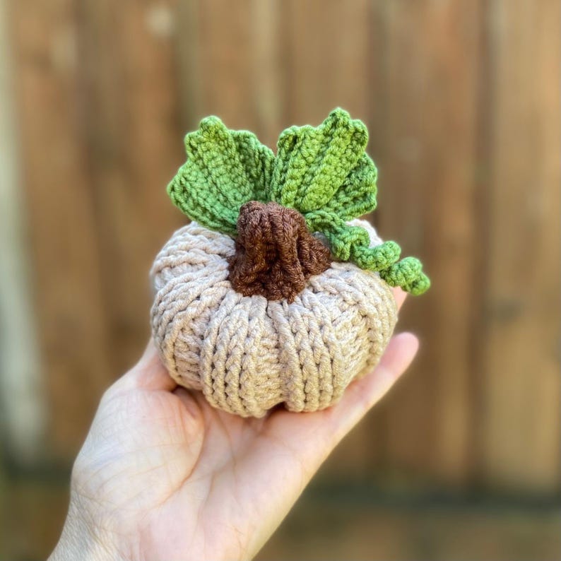 May include: A crocheted pumpkin with a brown stem and green leaves. The pumpkin is beige and has a ribbed texture.