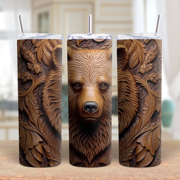 3D Bear Wood Carved Sublimation Tumbler Design. Straight & Tapered Tumbler Wrap, Instant Digital Download PNG