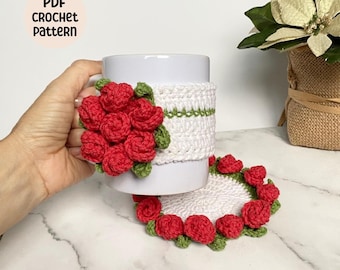 Crochet Flower Mug Cozy and Coaster Pattern, Rolled Roses Crochet Cozy Mug and Coaster Pattern - PDF crochet pattern