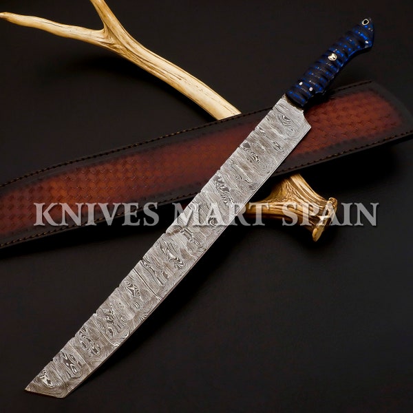 Custom Hand Forged 18''Damascus Pakka Wood Handle Brisket Knife with Leather Sheath, Best for Slicing Roasts Vegeta Christmas& New Year Gift