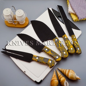 Custom hand Forged Carbon Steel,D2 Kitchen Knives set Chef set handmade D2 chef set with leather sheath Gift for Him,Christmas Gift,New year