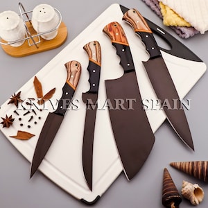 Custom hand Forged Carbon Steel,D2 Kitchen Knives set Chef set handmade D2 chef set with leather sheath Gift for Him,Christmas Gift,New year