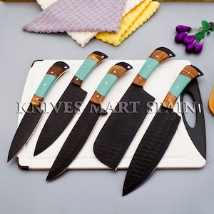 Custom hand Forged Carbon Steel,D2 Kitchen Knives set Chef set handmade D2 chef set with leather sheath Gift for Him , Cutlery & Knives  Set