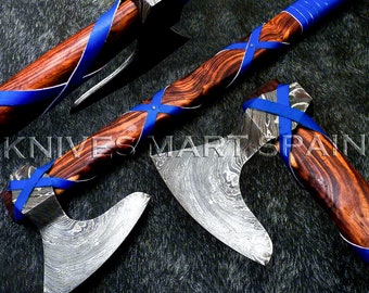Custom Handmade Viking Axe, HANDMADE FORGED High Carbon Damascus Steel TOMAHAWK Hatchet Axe Rose Wood With Leather Sheath, Personalized Gift