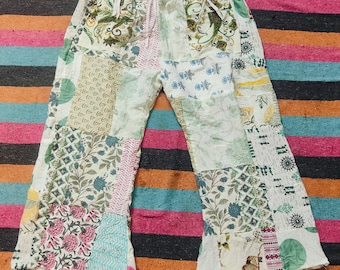 Handmade Patchwork Cotton Palazzo Pants: Boho Hippie Yoga Trousers
