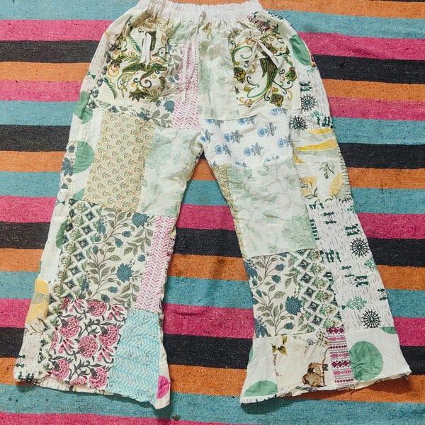 ハンドメイドパッチワークコットンパラッツォパンツ：ボヘミアンヒッピーヨガパンツ