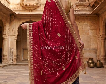 Bandhani Dupatta hecho a mano de todos los colores, Jhankaar Dupatta indio con borde Gota