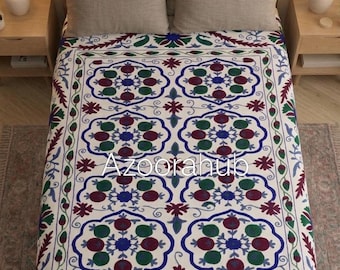 Colcha de algodón Suzani hecha a mano – Cubrecama bohemio con bordado floral
