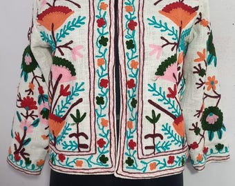 Chaqueta bordada Suzani hecha a mano: abrigo de fiesta bohemio hippie