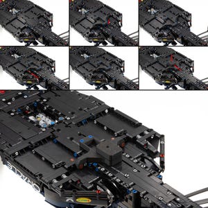 Puede incluir: Primer plano de un modelo Lego Technic negro con la palabra "Oracle" impresa en el lateral. El modelo tiene un chasis detallado con un complejo sistema de suspensi&oacute;n y un gran aler&oacute;n trasero. El modelo est&aacute; hecho de muchas peque&ntilde;as piezas Lego negras.