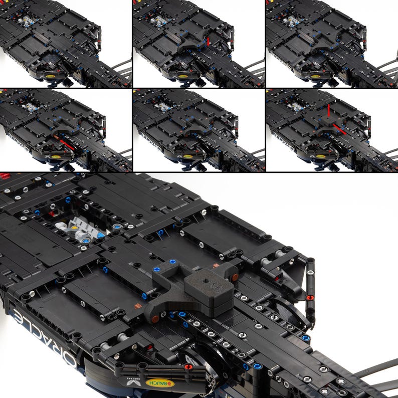 Puede incluir: Primer plano de un modelo Lego Technic negro con la palabra "Oracle" impresa en el lateral. El modelo tiene un chasis detallado con un complejo sistema de suspensi&oacute;n y un gran aler&oacute;n trasero. El modelo est&aacute; hecho de muchas peque&ntilde;as piezas Lego negras.